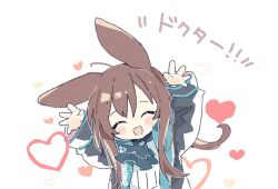 Rule 34 | 1girl, :d, ^ ^, ahoge, amiya (arknights), animal ears, arknights, arms up, ascot, black jacket, blue ascot, blush stickers, brown hair, chibi, closed eyes, commentary, facing viewer, heart, jacket, jewelry, long hair, multiple rings, naguru (cyoroama), open clothes, open jacket, open mouth, rabbit ears, rabbit girl, ring, shirt, sidelocks, simple background, smile, solo, thumb ring, translated, upper body, white background, white shirt
