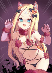 Rule 34 | 1girl, abigail williams (fate), animal ears, bandaid, bandaid on face, bandaid on forehead, black bow, blonde hair, blue eyes, blush, bow, breasts, claw pose, cosplay, crossed bandaids, elbow gloves, fate/grand order, fate (series), forehead, fur-trimmed gloves, fur-trimmed legwear, fur collar, fur trim, gloves, hair bow, halloween costume, highres, lace, lace-trimmed legwear, lace trim, long hair, looking at viewer, mash kyrielight, mash kyrielight (dangerous beast), mash kyrielight (dangerous beast) (cosplay), milkshakework, multiple hair bows, navel, o-ring, official alternate costume, open mouth, orange bow, parted bangs, polka dot, polka dot bow, revealing clothes, small breasts, smile, tail, thighhighs, thighs, wolf ears, wolf tail