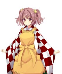 Rule 34 | 1girl, apron, bell, blush, checkered clothes, checkered kimono, clothes writing, hair bell, hair ornament, japanese clothes, jingle bell, kimono, long sleeves, looking at viewer, motoori kosuzu, red eyes, red hair, short hair, smile, solo, touhou, transparent background, twintails, two side up, white background, wide sleeves, yabu q