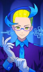 Rule 34 | 1boy, adjusting clothes, adjusting gloves, blonde hair, blue background, blue hair, colress (pokemon), creatures (company), game freak, glasses, gloves, highres, looking at viewer, male focus, meloni shvarts, multicolored hair, necktie, nintendo, pokemon, pokemon bw2, solo, straight-on, two-tone hair, upper body, yellow eyes