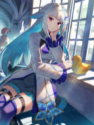 Rule 34 | 2girls, absurdres, ange katrina, ange katrina (1st costume), animal, arm support, bird, black jacket, blue hair, blue thighhighs, closed mouth, commentary request, day, dress, duck, frilled skirt, frills, grey skirt, hair flaps, hair ornament, head in hand, head rest, highres, jacket, lize helesta, long hair, long sleeves, looking at viewer, multicolored hair, multiple girls, nijisanji, open clothes, open jacket, pleated skirt, purple eyes, red hair, red jacket, scottie (phantom2), sebastian piyodore, sidelocks, silver hair, skirt, sunlight, thighhighs, two-tone hair, very long hair, virtual youtuber, white dress, wide sleeves, window