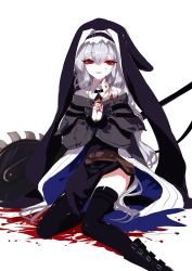 Rule 34 | 1girl, :d, absurdres, arknights, black footwear, black skirt, black thighhighs, blood, blood on clothes, boots, capelet, feet out of frame, grey capelet, habit, highres, long hair, long sleeves, looking at viewer, nun, open mouth, own hands together, red eyes, sheya, shirt, silver hair, simple background, sitting, skirt, smile, solo, specter (arknights), thighhighs, thighs, very long hair, weapon, white background, white shirt, yokozuwari