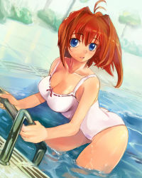 Rule 34 | 1girl, ahoge, blue eyes, breasts, cleavage, large breasts, one-piece swimsuit, original, pool, red hair, short hair, solo, suoni (deeperocean), swimsuit, water, wet, white one-piece swimsuit