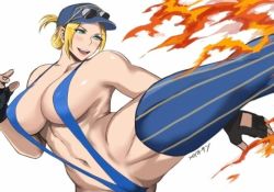 Rule 34 | 1girl, blonde hair, blue eyes, blush, breasts, capcom, cleavage, covered erect nipples, final fight, final fight 3, fingerless gloves, fire, gloves, gluteal fold, groin, groin tendon, hat, kicking, large breasts, lucia morgan, medium hair, muscular, muscular female, navel, police, police uniform, policewoman, ponytail, shibusun, shiny skin, slingshot swimsuit, smile, street fighter, street fighter v, striped clothes, striped thighhighs, swimsuit, thick thighs, thighhighs, thighs, uniform