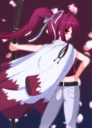Rule 34 | 1girl, absurdres, artist request, ass, backboob, belt, breasts, cape, cherry blossoms, denim, from behind, hair ribbon, hand on own hip, haori, highres, japanese clothes, jeans, katana, long hair, looking at viewer, looking back, open mouth, pants, ponytail, purple hair, red eyes, ribbon, sheath, sheathed, slit pupils, smile, solo, sword, tank top, under night in-birth, weapon, yuzuriha (under night in-birth)