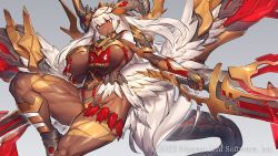 Rule 34 | 1girl, 2022, breasts, character request, copyright notice, dark-skinned female, dark skin, disgaea, feathered wings, gloves, holding, holding sword, holding weapon, horns, knee up, large breasts, long hair, low wings, melon22, muscular, muscular female, red eyes, simple background, solo, sword, tail, tattoo, vambraces, weapon, white hair, wings