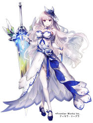 Rule 34 | 1girl, blue footwear, breasts, cleavage, company name, dress, elbow gloves, full body, gloves, greatsword, hair ornament, huge weapon, long hair, looking at viewer, medium breasts, official art, sanzenkai no avatar, solo, standing, sword, toh., weapon, white background, white dress, white legwear