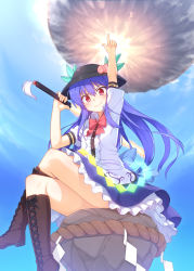Rule 34 | &gt;:), 1girl, absurdres, arm up, blue hair, boots, brown footwear, cross-laced footwear, crossed legs, dress, food, fruit, gradient background, hat, highres, hinanawi tenshi, index finger raised, keystone, knee boots, long hair, looking at viewer, peach, pointing, pointing up, racer (magnet), red eyes, sitting, solo, sword of hisou, touhou, v-shaped eyebrows, weapon