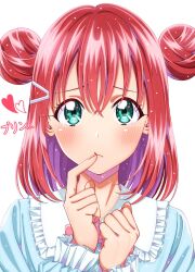 Rule 34 | 1girl, aqua eyes, blue shirt, blush, bow, commentary request, double bun, finger to mouth, frills, hair between eyes, hair bun, hair ornament, hairclip, heart, highres, kurosawa ruby, long sleeves, looking at viewer, love live!, love live! sunshine!!, medium hair, ojyomu, pink bow, red hair, shirt, simple background, solo, tearing up, tears, translation request, upper body, white background