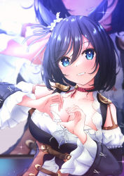 1girl absurdres animal_ears black_dress black_hair blue_eyes blush breasts cleavage commentary_request detached_sleeves dress eishin_flash_(umamusume) hair_between_eyes head_tilt heart heart_hands highres horse_ears large_breasts layered_sleeves long_sleeves looking_at_viewer neko_punch_(user_hddm3373) parted_lips puffy_short_sleeves puffy_sleeves short_over_long_sleeves short_sleeves solo umamusume upper_body wide_sleeves zoom_layer