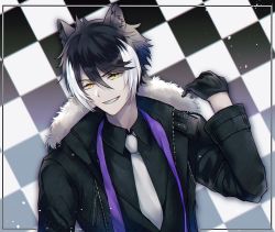Rule 34 | 1boy, animal ears, black gloves, black hair, black shirt, checkered background, collared shirt, fur-trimmed jacket, fur trim, gloves, grin, highres, holostars, jackal boy, jackal ears, jacket, kageyama shien, looking at viewer, male focus, multicolored hair, necktie, shirt, smile, solo, two-tone hair, user mhst3483, virtual youtuber, white hair, white necktie, yellow eyes