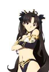 Rule 34 | 1girl, absurdres, ahoge, artist request, bandeau, black hair, bracelet, breasts, bridal gauntlets, closed mouth, crossed arms, curvy, derivative work, earrings, fate/grand order, fate (series), gloves, highres, hoop earrings, ishtar (fate), jewelry, legs apart, long hair, looking at viewer, red eyes, self-upload, simple background, single glove, smile, solo, stomach, thighhighs, thighs, thong, tohsaka rin, twintails, upper body, very long hair, white background
