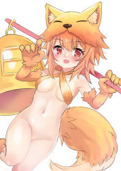 Rule 34 | 1girl, :d, animal ear fluff, animal ears, bare shoulders, bell, blush, bottomless, breasts, brown gloves, brown hair, commentary request, criss-cross halter, elbow gloves, fake animal ears, fang, feet out of frame, fox ears, fox hat, fox tail, gloves, groin, hair between eyes, halterneck, hands up, highres, holding, long hair, looking at viewer, medium breasts, moonlight flower, navel, open mouth, ragnarok online, red eyes, simple background, smile, solo, standing, standing on one leg, tail, unname, white background, yellow headwear