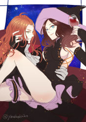 Rule 34 | 1boy, 1girl, alcohol, blue eyes, breasts, brown hair, coat, ascot, detached sleeves, dress, fate/grand order, fate (series), formal, frills, glasses, gloves, green eyes, hat, highres, leonardo da vinci (fate), long hair, open mouth, pants, red hair, romani archaman, sideboob, smile, suit, wine, witch hat