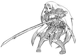 Rule 34 | 1girl, armor, breasts, capcom, cleavage, eyepatch, greyscale, gypceros (armor), katana, large breasts, long hair, monochrome, monster hunter (series), ootachi, pteruges, rumie, solo, sword, very long hair, weapon