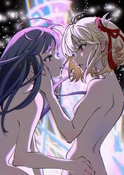 Rule 34 | 2girls, absurdres, antenna hair, black background, blonde hair, breasts, chinese commentary, commentary request, completely nude, cowboy shot, eye contact, eyelashes, face-to-face, from side, hair ribbon, hand on another&#039;s cheek, hand on another&#039;s face, hand on another&#039;s waist, highres, inoue takina, light particles, long hair, looking at another, lycoris recoil, multiple girls, nishikigi chisato, no nipples, nude, one side up, open mouth, parted lips, purple eyes, purple hair, red eyes, red ribbon, ribbon, short hair, shoulder blades, small breasts, teeth, upper teeth only, watermark, weibo logo, weibo watermark, yiyi yiyi, yuri