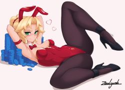Rule 34 | 1girl, arms behind head, artist name, black footwear, blonde hair, blush, bow, bowtie, breasts, breasts apart, detached collar, earrings, fate/grand order, fate (series), green eyes, heart, high heels, jewelry, leotard, lying, m legs, medium breasts, mordred (fate), on back, pantyhose, playboy bunny, poker chip, ponytail, rabbit earrings, red leotard, red scarf, scarf, smile, solo, spread legs, white background, zealyush