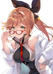 Rule 34 | 1girl, aoi (kirabosi105), breasts, brown hair, clarisse (granblue fantasy), commentary request, cosplay, doctor (granblue fantasy), dress, glasses, granblue fantasy, green eyes, hair ribbon, highres, lab coat, long hair, necktie, orange hair, ponytail, red necktie, ribbon, smile, solo