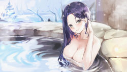 Rule 34 | 1girl, bare arms, bare shoulders, bathing, blush, breasts, cleavage, closed mouth, collarbone, commission, day, forehead, green eyes, hand in own hair, highres, large breasts, lillly, long hair, looking at viewer, naked towel, onsen, original, outdoors, purple hair, smile, snowing, solo, steam, towel, upper body, water, wet, wet hair, winter