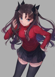 Rule 34 | 1girl, black hair, black thighhighs, blouse, blue eyes, breasts, fate/stay night, fate (series), hand in own hair, hand on own hip, highres, kobutakurassyu, long hair, long legs, medium breasts, red shirt, shirt, simple background, smile, solo, thighhighs, tohsaka rin, turtleneck, two side up, zettai ryouiki