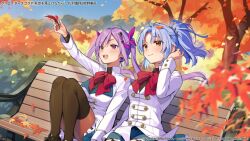 Rule 34 | 2girls, :d, arm at side, arm up, assault lily, autumn, autumn leaves, bench, black footwear, black shirt, black thighhighs, blue hair, blue skirt, blue sky, blurry, blurry foreground, blush, bow, bowtie, breasts, brown pantyhose, bush, buttons, closed mouth, commentary request, convenient leg, cowboy shot, day, falling leaves, floating hair, frilled skirt, frills, hair ornament, hair ribbon, hand in own hair, hand up, herensuge girls academy school uniform, highres, holding, holding leaf, jacket, knees up, leaf, leaf on head, long sleeves, looking ahead, looking up, makino mitake, matsumura fuuka, medium breasts, miniskirt, multiple girls, official art, on bench, open mouth, outdoors, outstretched arm, pantyhose, park bench, pink eyes, pink ribbon, ponytail, purple hair, red bow, red bowtie, ribbon, school uniform, shirt, shoes, short hair, side-by-side, sitting, skirt, sky, smile, tassel, tassel hair ornament, teeth, thighhighs, thighhighs over pantyhose, tree, twintails, upper teeth only, wantan meo, watermark, white jacket, yellow eyes