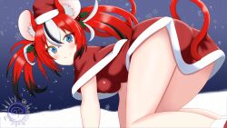 Rule 34 | 1girl, absurdres, animal ear fluff, animal ears, blue eyes, breasts, christmas, hair ornament, hakos baelz, hat, highres, holocouncil, hololive, hololive english, looking at viewer, medium breasts, mistletoe, mouse ears, mouse girl, mouse tail, multicolored hair, red hair, santa costume, santa hat, self-upload, snow, streaked hair, tail, virtual youtuber