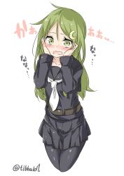 Rule 34 | 10s, 1girl, bad id, bad twitter id, belt, black pantyhose, black serafuku, black shirt, black skirt, blouse, blush, collarbone, cowboy shot, crescent, crescent hair ornament, cropped legs, ebifurya, eyebrows, green eyes, green hair, hair ornament, hands on own cheeks, hands on own face, hands up, highres, inactive account, kantai collection, long hair, long sleeves, looking at viewer, matching hair/eyes, nagatsuki (kancolle), necktie, open mouth, pantyhose, pleated skirt, school uniform, serafuku, shirt, simple background, skirt, solo, twitter username, white background, white necktie