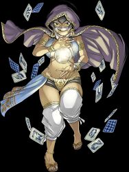 Rule 34 | 1girl, black hair, blue nails, bracelet, brown shorts, cape, card, crystal ball, dark-skinned female, dark skin, full body, gate of nightmares, highres, hood, hooded cape, jewelry, mashima hiro, navel, official art, panty straps, playing card, purple cape, sandals, short hair, short shorts, shorts, simple background, solo, transparent background, valamielle (gate of nightmares), yellow eyes