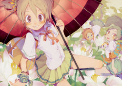Rule 34 | 3girls, bag, flower, lotus, multiple girls, oil-paper umbrella, original, saitou shunsuke, school uniform, serafuku, shun, umbrella
