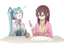 Rule 34 | 2girls, aqua hair, aqua necktie, bare shoulders, black sleeves, blush, brown eyes, brown hair, closed eyes, commentary, cup, detached sleeves, eighth note, grey shirt, hair ornament, hand up, hatsune miku, headphones, holding, holding pen, light blush, long hair, looking at another, master (vocaloid), mug, multiple girls, music, musical note, necktie, nejikyuu, open mouth, own hands clasped, own hands together, paper, pen, shirt, shoulder tattoo, singing, sitting, sleeveless, sleeveless shirt, smile, spoken musical note, sweater, table, tattoo, twintails, upper body, very long hair, vocaloid
