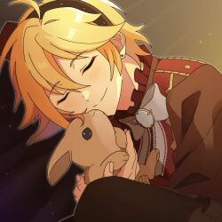 Rule 34 | 1boy, androgynous, animal, black background, blonde hair, brown fur, brown jacket, closed eyes, closed mouth, earrings, ensemble stars!, hat, highres, holding, holding animal, jacket, jewelry, male focus, mini hat, mini top hat, moji461, multicolored clothes, multicolored jacket, neck ribbon, nito nazuna, rabbit, red jacket, ribbon, solo, top hat, white ribbon