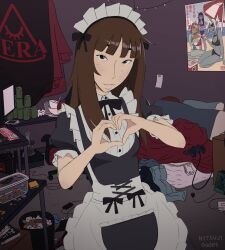 Rule 34 | 1girl, apron, artist name, bed, beer can, black eyes, bowl, breasts, brown hair, can, commentary, drink can, english commentary, eyebrows hidden by hair, freckles, heart, heart hands, highres, hitsuji (hitsujigoods), kara eklund, maid, maid apron, maid headdress, messy room, neet girl date night, original, poster (object), signature, small breasts, solo, table, trash can, upper body