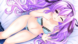 Rule 34 | 1girl, amasaka takashi, bed, blush, bra, breasts, cleavage, game cg, hair ribbon, large breasts, legs, long hair, milfina sol eleanord, navel, panties, purple eyes, purple hair, ribbon, sitting, solo, thigh gap, thighs, twintails, underwear, unionism quartet, wince