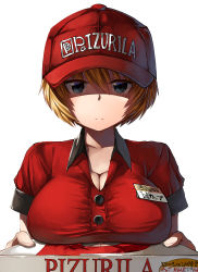 Rule 34 | 1girl, bad id, bad pixiv id, belko, blonde hair, blue eyes, breast press, breast rest, breasts, cleavage, collarbone, delivery, employee uniform, expressionless, fast food uniform, hat, large breasts, looking at viewer, name tag, original, pizza box, polo shirt, shaded face, shinjin-chan (belko), short hair, simple background, solo, uniform