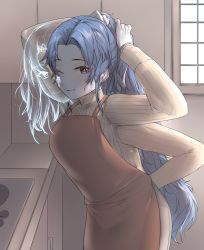 Rule 34 | 1girl, absurdres, adjusting hair, alternate breast size, apron, blue eyes, blue hair, blue skin, casual, colored skin, contemporary, cracked skin, elden ring, extra arms, extra faces, highres, kaicchi, kitchen, long hair, long sleeves, looking at viewer, one eye closed, ranni the witch, red apron, smile, solo, sweater, turtleneck, turtleneck sweater, white sweater