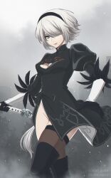 Rule 34 | 1girl, absurdres, black dress, black footwear, black gloves, black hairband, blue eyes, boots, closed mouth, dress, gloves, grey hair, grey thighhighs, hair over one eye, hairband, highres, holding, holding weapon, looking at viewer, medium hair, mole, mole under mouth, nier:automata, nier (series), no blindfold, shirl geem, short dress, side slit, solo, standing, thigh boots, thighhighs, thighhighs under boots, weapon, 2b (nier:automata)