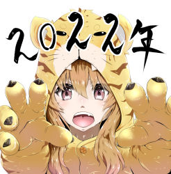 Rule 34 | 1girl, 2022, aisaka taiga, animal costume, animal print, brown eyes, brown hair, chinese zodiac, commentary request, eyebrows hidden by hair, hair between eyes, highres, long hair, looking at viewer, open mouth, partial commentary, simple background, solo, teeth, tiger costume, tiger print, tora inu, toradora!, upper body, upper teeth only, white background, year of the tiger