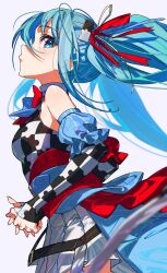 Rule 34 | 1girl, bare shoulders, blue background, blue eyes, blue hair, breasts, commentary request, detached sleeves, ears visible through hair, hatsune miku, highres, jigsaw puzzle hair ornament, layered sleeves, long hair, long sleeves, mika pikazo, own hands together, parted lips, pleated skirt, profile, project sekai, puffy short sleeves, puffy sleeves, puzzle piece print, shirt, short over long sleeves, short sleeves, simple background, skirt, sleeveless, sleeveless shirt, sleeves past wrists, small breasts, solo, twintails, very long hair, vocaloid, white skirt