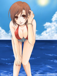 Rule 34 | 1girl, bent over, bracelet, breasts, brown eyes, brown hair, cleavage, day, denim, denim shorts, highres, jeans, jewelry, kurota, large breasts, leaning forward, meiko (vocaloid), nail polish, ocean, open mouth, outdoors, pants, red nails, short hair, shorts, sky, solo, sun, swimsuit, vocaloid, water