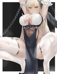 Rule 34 | 1girl, absurdres, arms up, azur lane, between breasts, black footwear, blonde hair, breast cutout, breasts, chain, cleavage, covered erect nipples, covered navel, hair between eyes, highres, horns, implacable (azur lane), lao yuan zhang, large breasts, long bangs, long hair, looking at viewer, nun, pelvic curtain, revealing clothes, shoes, solo, spread legs, squatting, thighhighs, torn clothes, torn thighhighs, white horns, white thighhighs