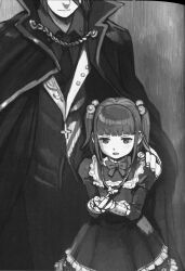 Rule 34 | 1boy, 1girl, blunt bangs, brother and sister, buttons, cape, child, cropped head, dress, fingernails, formal, frilled dress, frilled sleeves, frills, greyscale, hair bobbles, hair ornament, hand on another&#039;s shoulder, height difference, highres, jacket, jewelry, key, key necklace, light smile, lolita fashion, long sleeves, looking at object, monochrome, necklace, necktie, official art, open mouth, puffy long sleeves, puffy sleeves, scan, siblings, sidelocks, standing, suit, third-party source, tomohi, twilight of the golden witch, two side up, umineko no naku koro ni, ushiromiya ange, ushiromiya battler