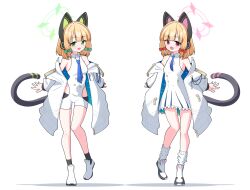 Rule 34 | 2girls, 525 woiwo, :d, animal ear headphones, animal ears, blonde hair, blue archive, blue necktie, bow, breasts, cat ear headphones, commentary request, cosplay, fake animal ears, full body, green bow, green halo, hair bow, halo, headphones, highres, jacket, long hair, looking at viewer, midori (blue archive), momoi (blue archive), momoka (blue archive), multiple girls, necktie, open clothes, open jacket, open mouth, pink halo, red bow, shoes, short hair, siblings, simple background, sisters, small breasts, smile, standing, standing on one leg, sumomo (blue archive), sumomo (blue archive) (cosplay), tail, twins, white background, white footwear, white jacket