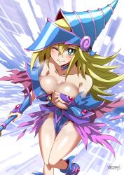 Rule 34 | 1girl, aoi manabu, bare shoulders, blonde hair, blue choker, blue footwear, blue hat, blush, blush stickers, breasts, choker, cleavage, closed mouth, commission, dark magician girl, green eyes, hat, holding, holding wand, large breasts, long hair, pussy juice, skeb commission, solo, sweat, torn clothes, vambraces, wand, wizard hat, yu-gi-oh!, yu-gi-oh! the dark side of dimensions