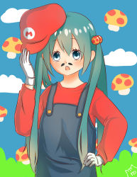 Rule 34 | 1girl, absurdres, aqua hair, blue eyes, cosplay, fake facial hair, fake mustache, gloves, hair bobbles, hair ornament, hand on own hip, hat, hatsune miku, highres, looking at viewer, mario, mario (cosplay), mario (series), mushroom, nintendo, nyankiti, open mouth, overalls, solo, super mushroom, twintails, vocaloid, white gloves