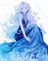 Rule 34 | 1girl, absurdres, bare shoulders, blue dress, blue eyes, blue hair, breasts, bubble, cetacean tail, closed mouth, commentary request, dress, earrings, fins, fish tail, full body, hair ornament, highres, ivelovedsekaowa, jewelry, long hair, original, pointy ears, sitting, sleeveless, sleeveless dress, small breasts, solo, star (symbol), star hair ornament, tail, water, white background