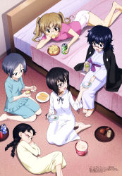 Rule 34 | 10s, 5girls, :d, absurdres, bed, bed sheet, black hair, black ribbon, blue eyes, blue hair, blue pants, blue shirt, blush stickers, braid, breasts, brown eyes, can, chips (food), cleaning glasses, cup, unworn eyewear, feet together, food, fukuda haru, girls und panzer, glasses, green tea, grey-framed eyewear, grey eyes, grey hair, hair ribbon, highres, holding, holding can, holding cup, holding removed eyewear, indoors, itou takeshi, japanese clothes, kawashima momo, kimono, light brown hair, looking at another, lying, magazine scan, medium breasts, megami magazine, mouth hold, multiple girls, nightgown, official art, on bed, on floor, on side, oono aya, open mouth, oryou (girls und panzer), pajamas, pants, parted lips, pink-framed eyewear, pink shirt, popcorn, potato chips, purple sash, red-framed eyewear, ribbon, rumi (girls und panzer), scan, seiza, semi-rimless eyewear, shirt, short hair, shorts, sitting, sleeping, small breasts, smile, tea, twin braids, twintails, white kimono, white nightgown, white shorts, yellow nightgown, yokozuwari, yukata