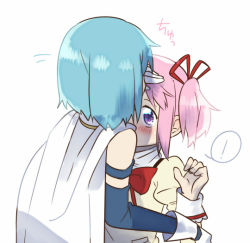 Rule 34 | !, 2girls, bad id, bad pixiv id, bare shoulders, blue hair, blush, cape, detached sleeves, facing away, from behind, gloves, hand on another&#039;s head, hand up, juliet sleeves, kaname madoka, kirikuchi riku, kiss, kissing forehead, long sleeves, looking at another, looking up, mahou shoujo madoka magica, mahou shoujo madoka magica (anime), miki sayaka, mitakihara school uniform, multiple girls, neck ribbon, nervous, pink hair, puffy sleeves, purple eyes, red ribbon, ribbon, school uniform, short hair, short twintails, simple background, speech bubble, speed lines, spoken exclamation mark, sweatdrop, translation request, twintails, uniform, upper body, white background, white cape, white gloves, wide-eyed