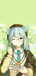 Rule 34 | 1girl, ;), absurdres, animal ears, aqua necktie, arknights, bear ears, black coat, black hat, blue eyes, blue hair, brown cardigan, cake, cake slice, cardigan, closed mouth, coat, coat on shoulders, food, hair ornament, hat, highres, holding, holding plate, holding spoon, istina (arknights), long hair, long sleeves, looking at viewer, monocle, necktie, one eye closed, plate, smile, solo, spoon, star (symbol), star hair ornament, zhadao lza