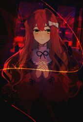 Rule 34 | 1girl, absurdres, black ribbon, bow, brown dress, closed mouth, dress, expressionless, green eyes, hair bow, highres, jessica (shilou de healer), long hair, long sleeves, looking at viewer, neck ribbon, orange hair, own hands together, ribbon, shilou de healer, sleeve ribbon, solo, songlajihuijia, upper body, white bow