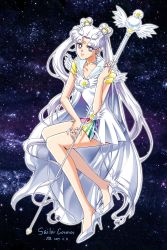 Rule 34 | 10s, 1girl, 2014, asa (seito926), bare legs, bishoujo senshi sailor moon, bishoujo senshi sailor moon stars, cape, character name, choker, dated, double bun, dress, earrings, facial mark, forehead mark, full body, galaxy, gem, grey eyes, hair bun, hair ornament, heart hair bun, high heels, highres, jewelry, light smile, long hair, looking at viewer, lots of jewelry, official style, parted lips, pearl (gemstone), ring, sailor collar, sailor cosmos, shoes, short dress, signature, solo, space, staff, stud earrings, twintails, very long hair, white choker, white dress, white footwear, white hair, white sailor collar, winged footwear, wings